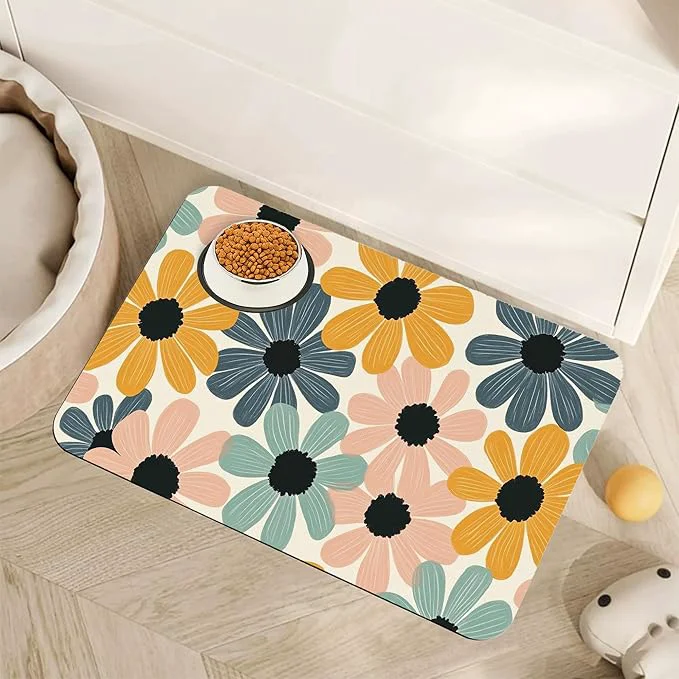 Carefully Designed Abstract Daisy Flower Dog Food Mat Advanced