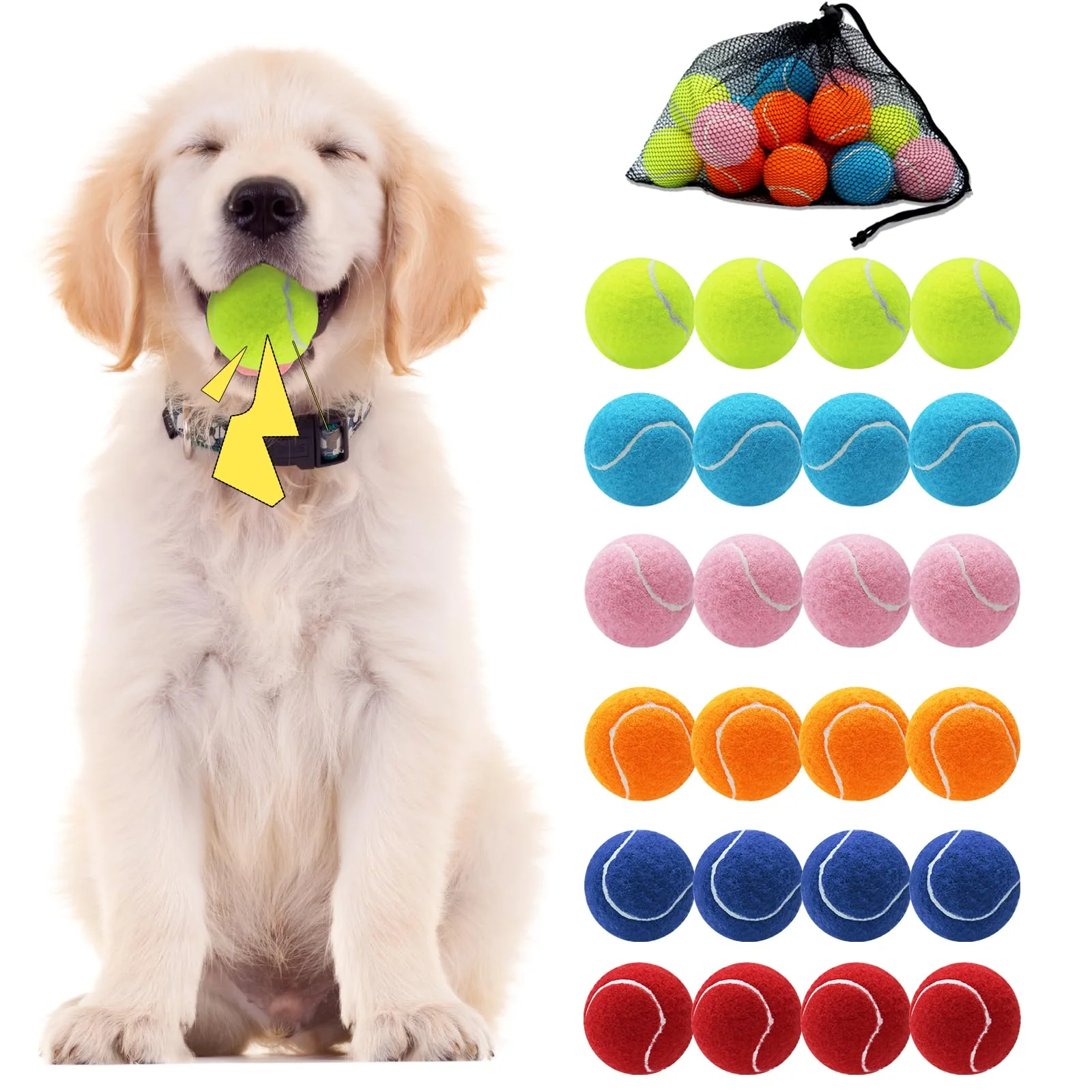 Environmentally Friendly Swingers Squeaky Tennis Balls for Dogs – 2.5-Inch Training Balls 24-Pack with Mesh Carry Bag Multicolor Selected