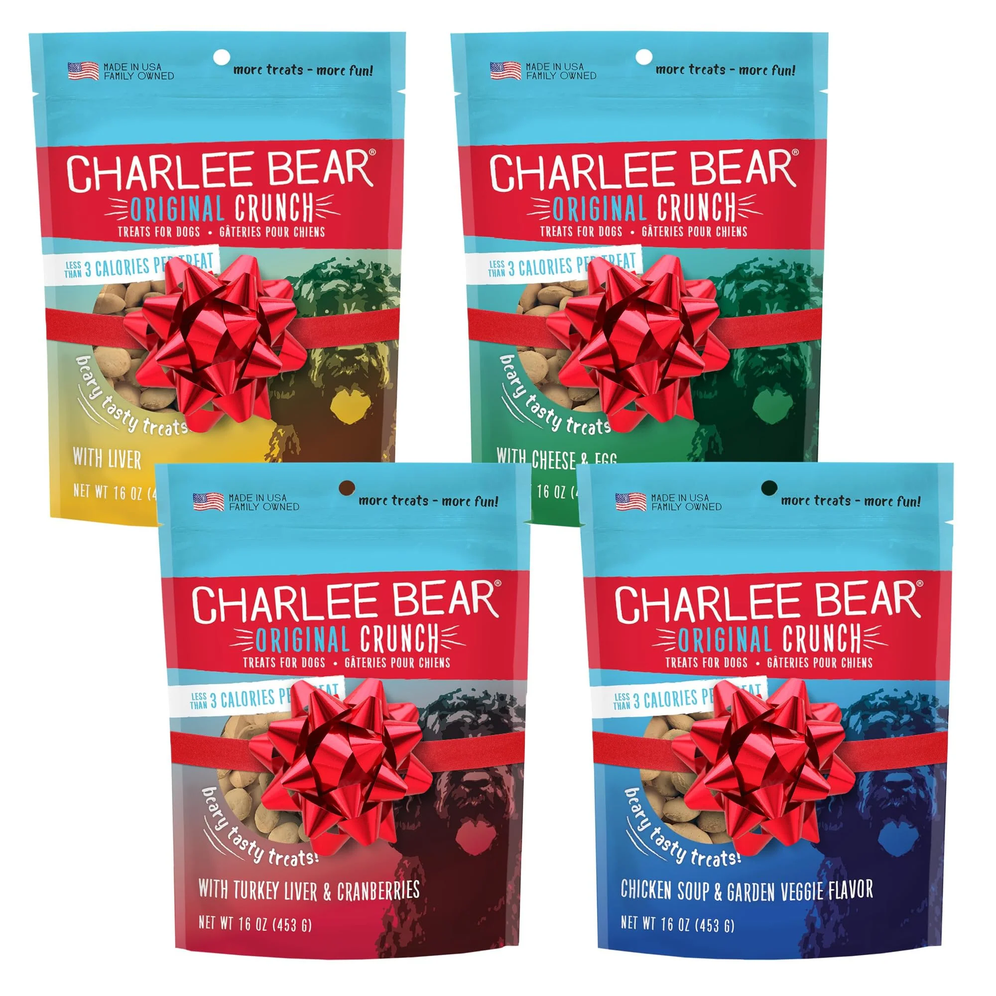 Crafted Charlee Bear Crunch Dog Treats Variety Pack 4-Pack – Liver Egg Cheese Chicken Soup Garden Veggie Turkey Liver Cranberries Made in USA Efficient