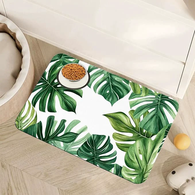 Convenient Palm Leaf Pet Feeding Mat Boho Absorbent Quick-Dry Cat Dog Food and Water Bowl Exceptional