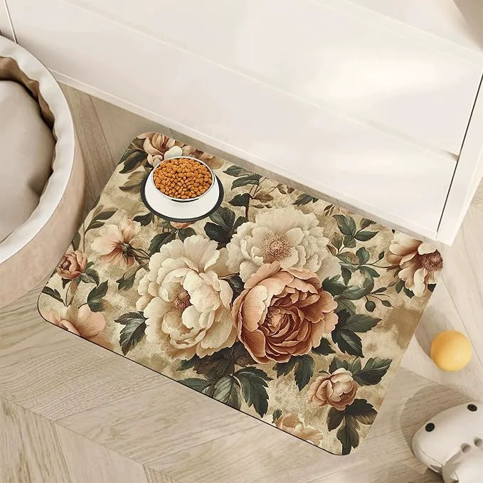 Dependable Roses Peonies Pet Feeding Mat Vintage Luxury Shabby Chic Flower Absorbent Powerful