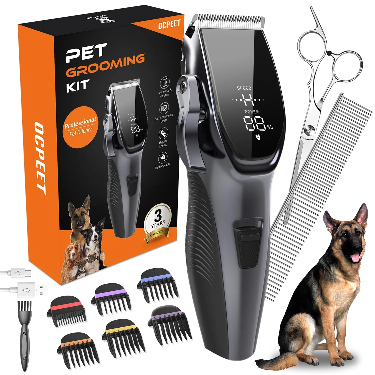 Safe OCPEET Dog Grooming Kit – Low-Noise Cordless 4-in-1 Clippers 2 Speeds 6 Guards Scissors Comb World-Class