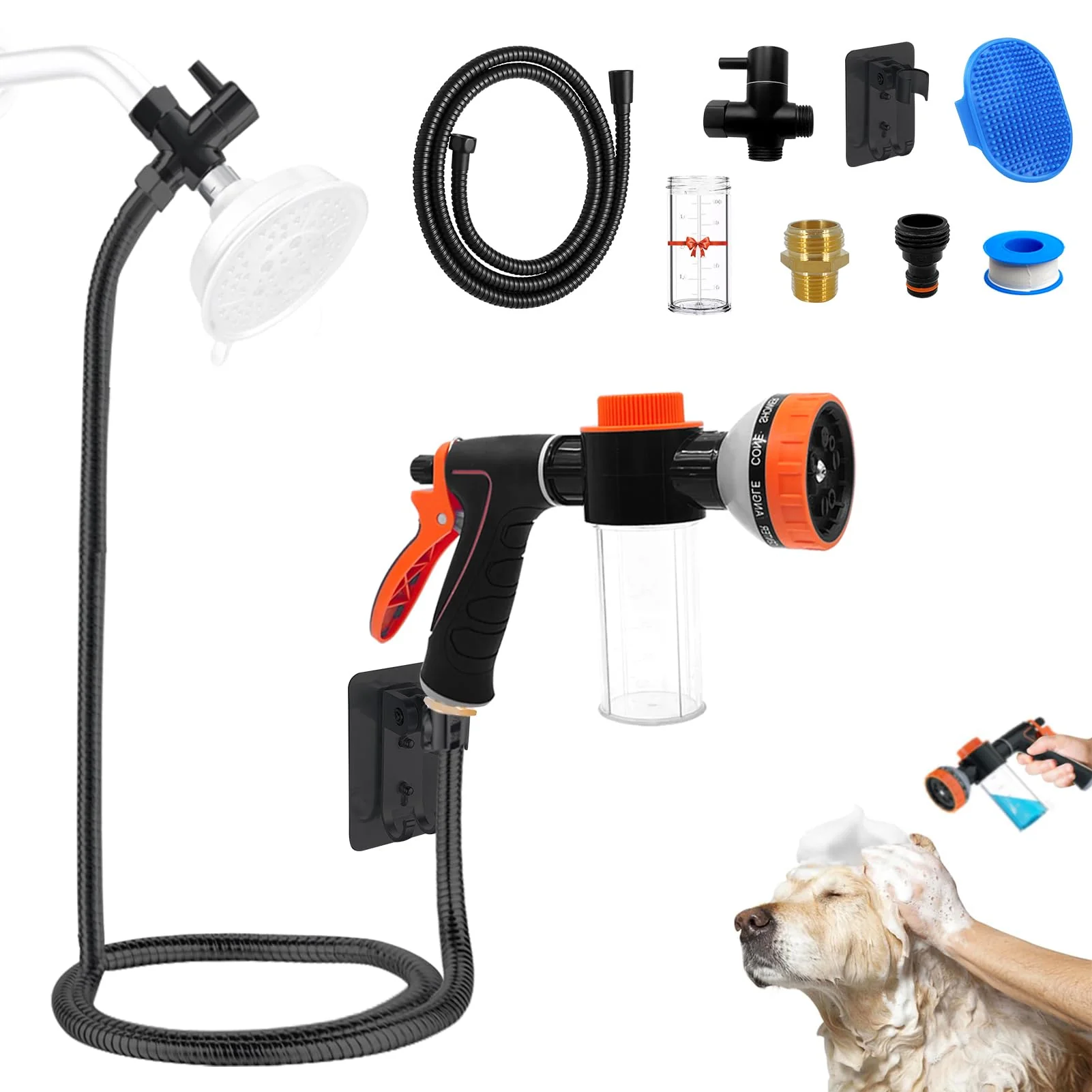 Superior AYBBSHOW Dog Washing Hose Attachment with Black Diverter — 2-in-1 Pet Bath Sprayer Soap Dispenser Indoor Outdoor Natural