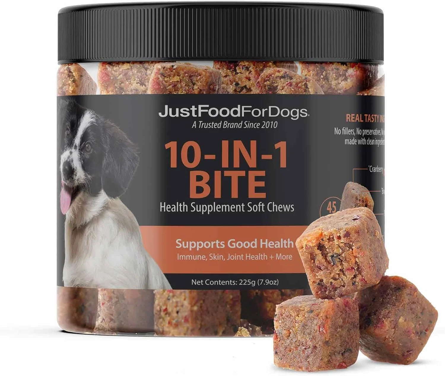 Unique JustFoodForDogs 10-in-1 Multifunctional Supplement Chews for Dogs Superfood Blend Glucosamine Omega-3 Fatty Acids Skin Health Joint Health Probiotics Plant-Based Human Grade - 45 Count Efficient
