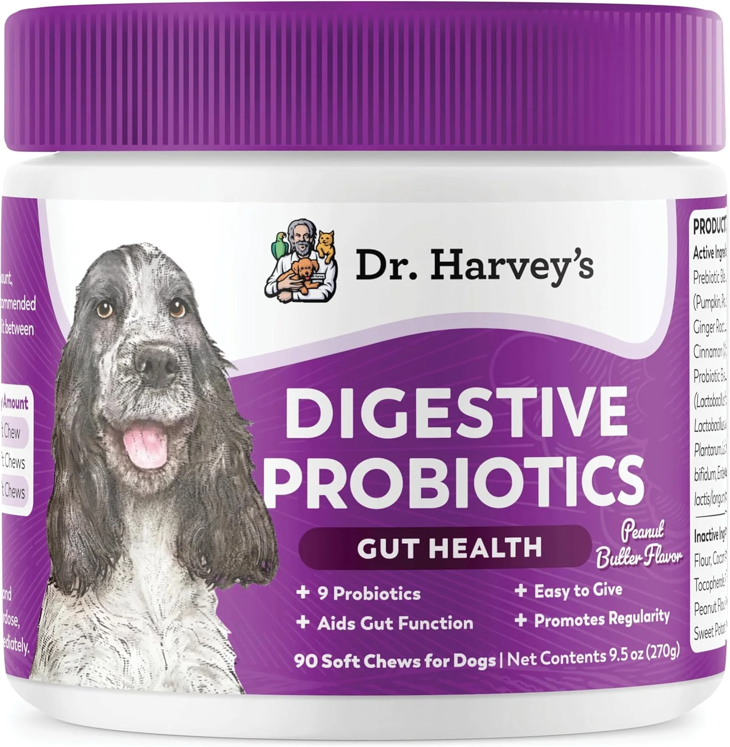 Selected Dr. Harvey's Digestive Probiotic Soft Chews for Dogs 7 Probiotics for Gut Health Diarrhea and Bowel Support Peanut Butter Flavor 90 Chews Enhanced