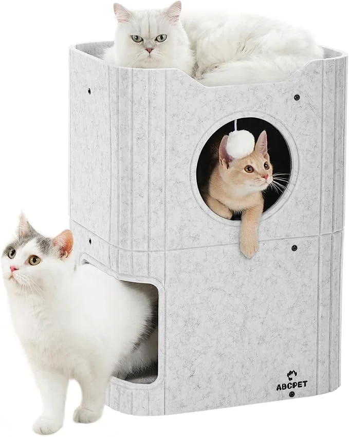 Solid Cat House for Indoor Cats 2-Storey Cat Bed Cave Felt Cat Hideaway Condo Fast