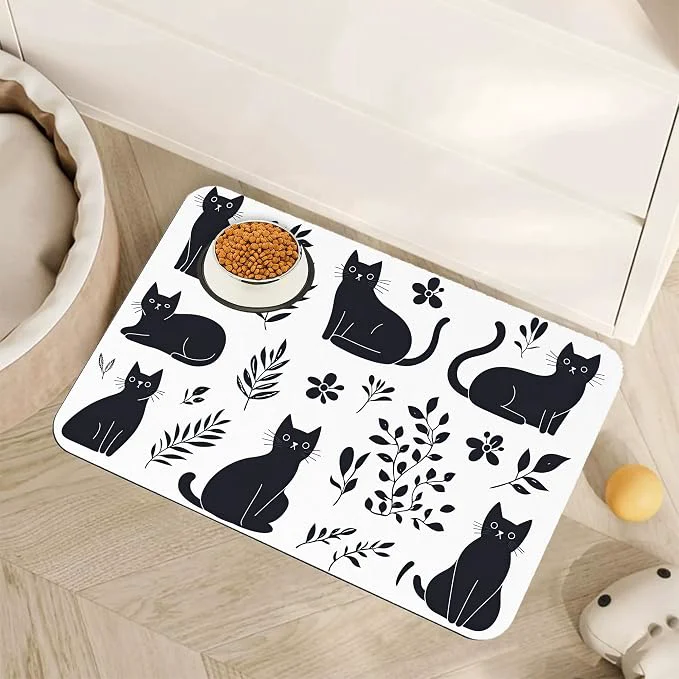 Flexible Cute Black Flower Dog Cat Food Mat Absorbent Pet Feeding Mat Refined