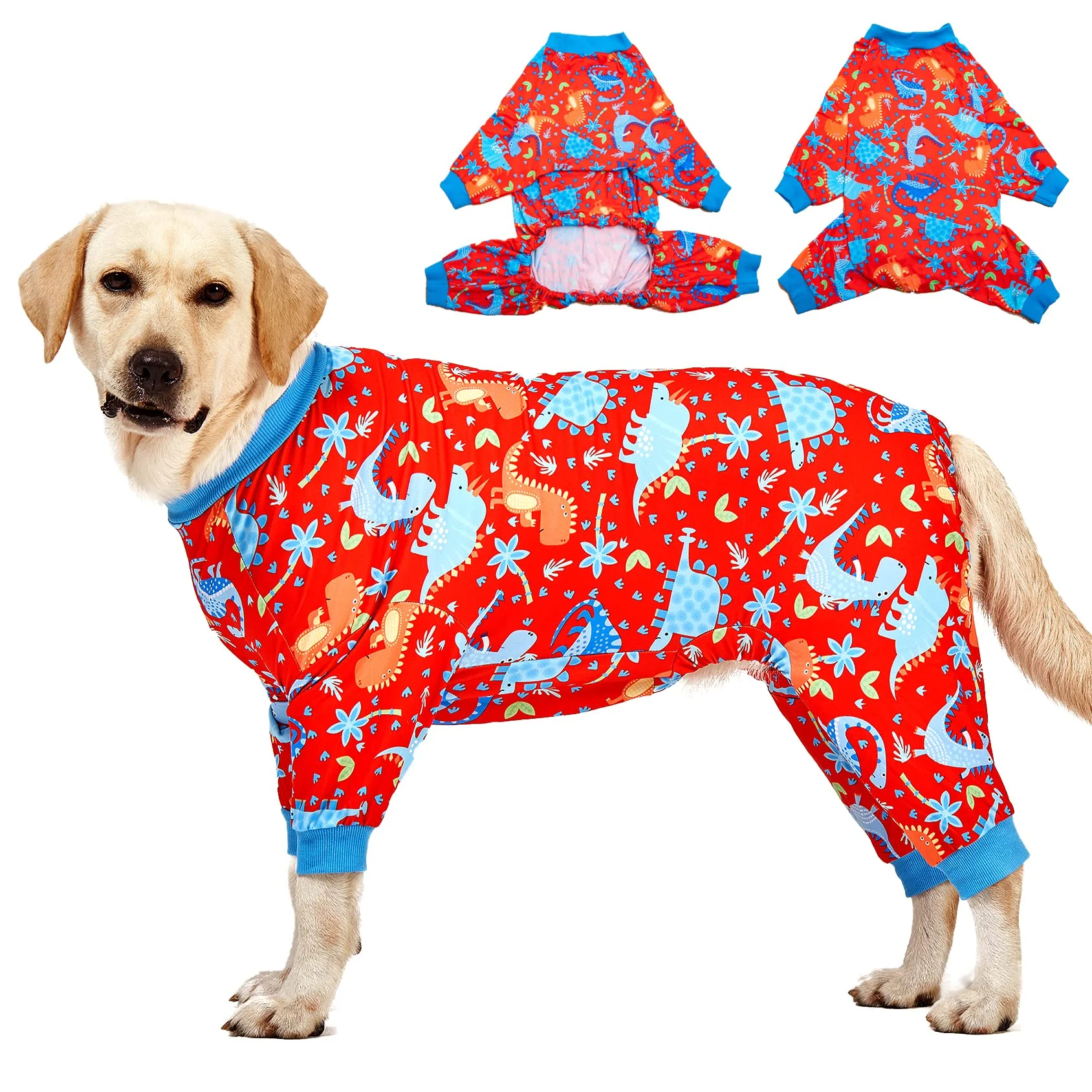 Classic LovinPet Pitbull Dog Pajamas Large Dog Onesies for Surgery Care Dinosaur Jungle Red Print Flexible