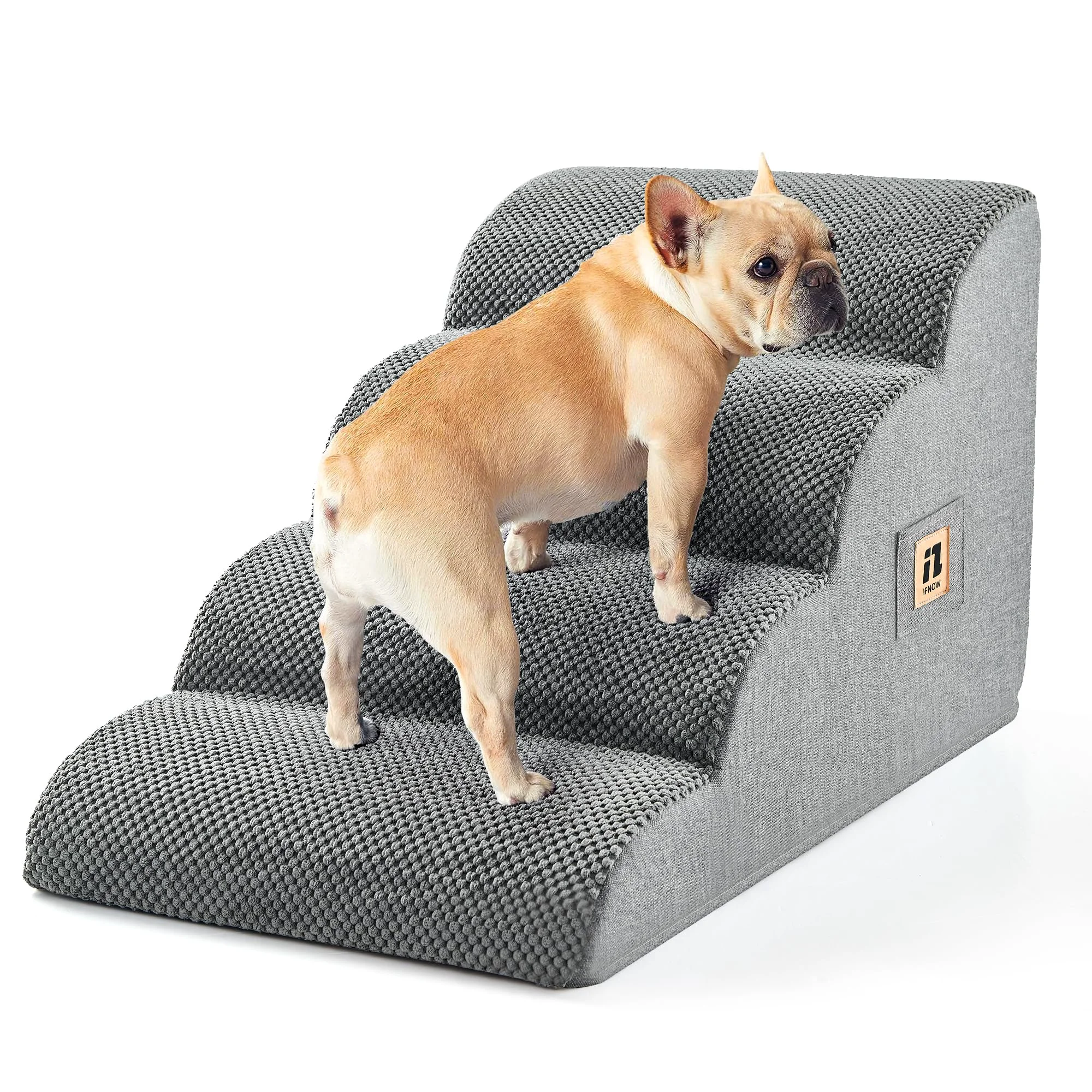 Official IFNOW Dog Stairs for Small Dogs – 4-Step 15.7'' High Gentle Slope Non-Slip Washable Cover Grey Safe
