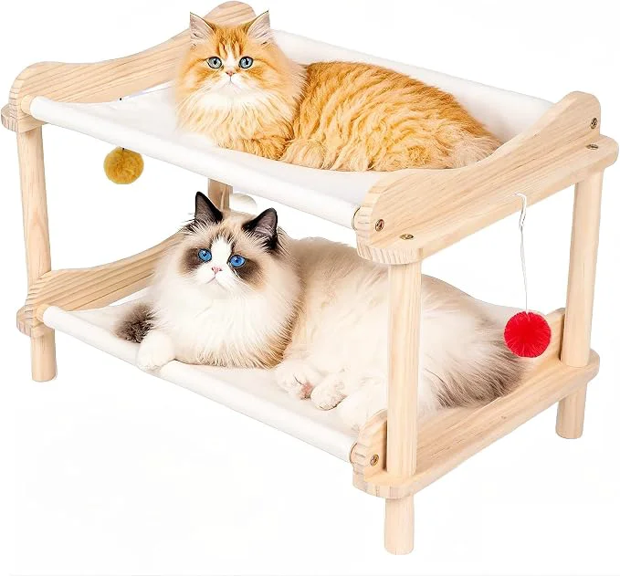 Casual 2-Layer Cat Hammock Bed Breathable Washable Covers Wooden Pet Furniture World-Class