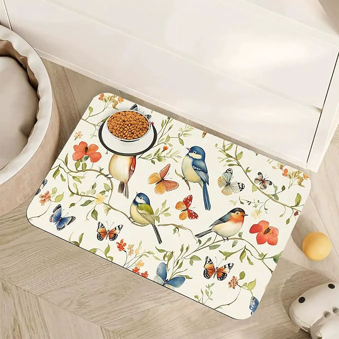Pure Butterfly Bird Dog Food Mat for Floors Vintage Nature Absorbent Pet Food and Enhanced