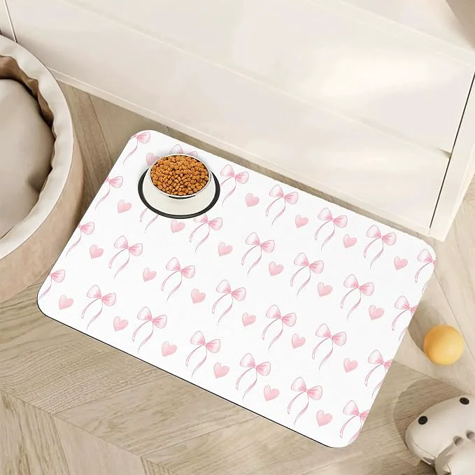 Official Cute Pink Bow Dog Food Mat for Floors Heart Absorbent Pet Food and Water Bowl Powerful