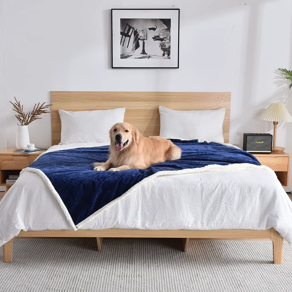 Durable Qeils Dog Blanket for Large Dogs - Waterproof Washable 60x80 Navy Sherpa Fleece Next-Generation