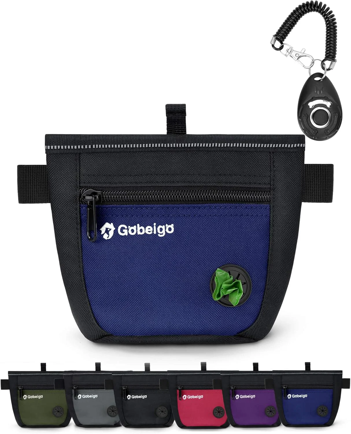 Solid Gobeigo Dog Treat Pouch and Training Clicker Upgrade Two Magnetic Closure to Prevent Spills 2 Cup Treat Bag with Poop Bag Dispenser Metal Clip Waist Belt Fanny Pack for Pet Walk Black Blue Certified