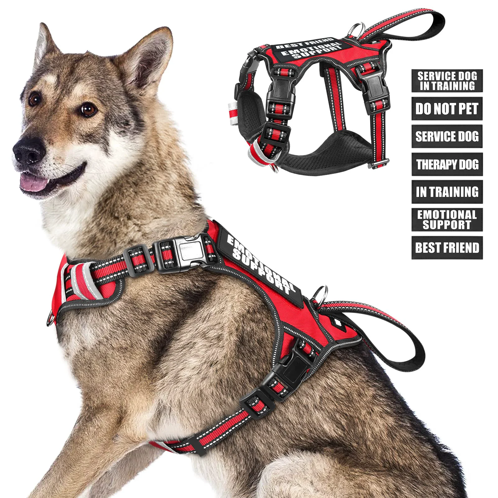 Detailed WINSEE No-Pull Service Dog Vest with 7 Patches – Reflective Adjustable Harness Environmentally Friendly