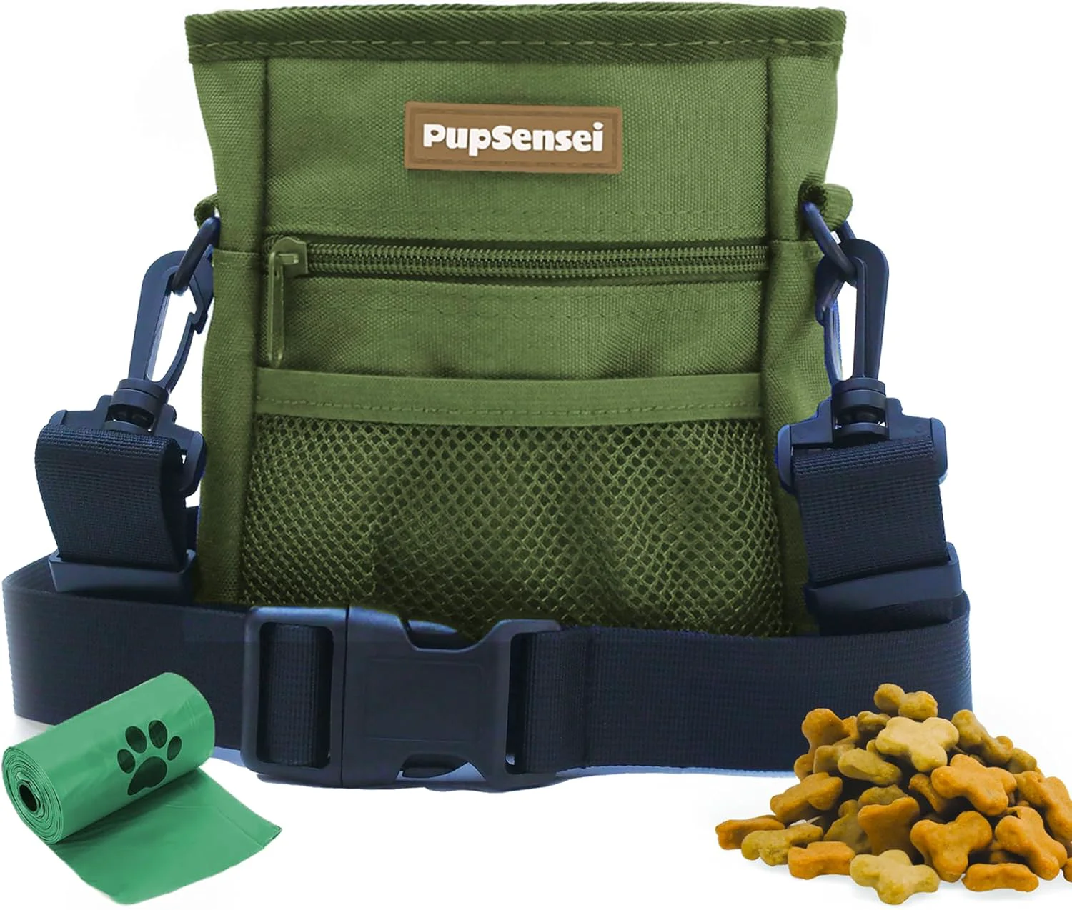 Functional Dog Treat Pouch Durable Oxford Polyester No-Spill Magnetic Closure Treat Pouches for Pet Training with Metal Clip Waist Belt Adjustable Strap Poop Bag Dispenser Army Green Modern