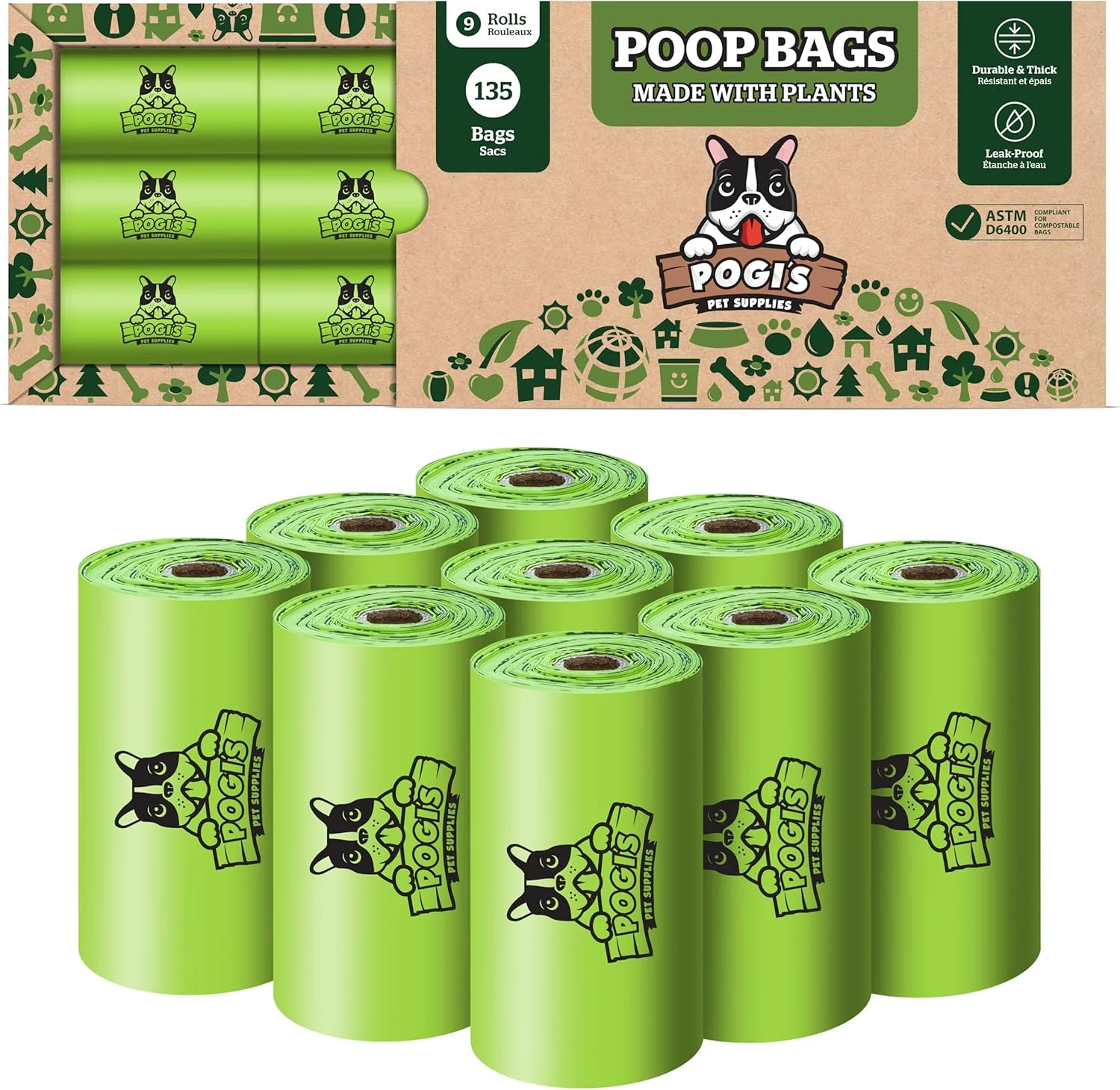 Responsible Pogi's Compostable Poop Bags – Leak-Proof Extra-Large Made with Plants – 9 Rolls 135 Bags Comfortable