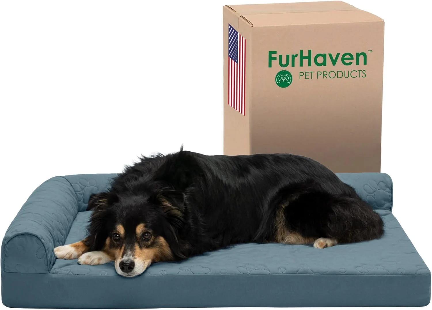 Stylish Furhaven Cooling Gel Dog Bed for Large Medium Dogs w Removable Bolsters Washable Cover For Dogs Up to 55 lbs - Pinsonic Quilted Paw L Shaped Chaise - Bluestone Large Smart