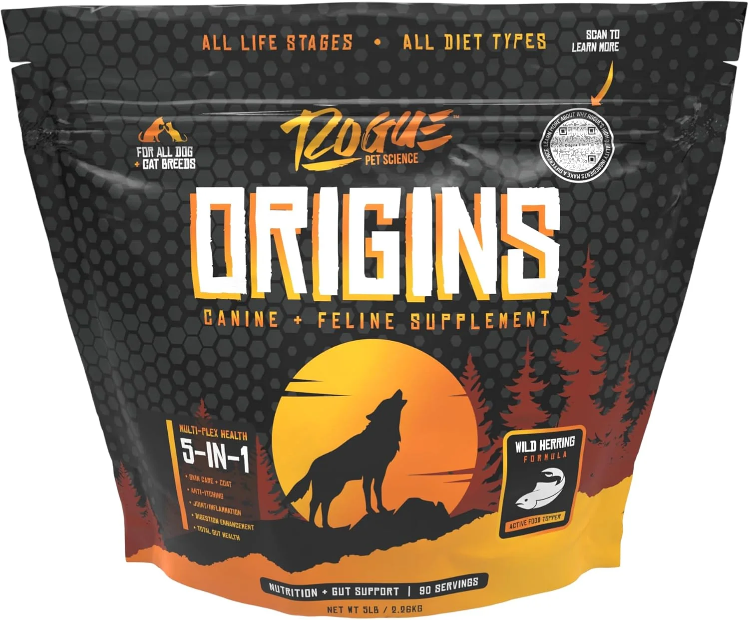 Green Origins 5-in-1 Dog Supplement - Powdered Food Topper w Natural Omega 3 Fish Oil - Supports Healthy Digestion Skin and Coat - Helps Reduce Itching Joint Inflammation 5 lbs Solid
