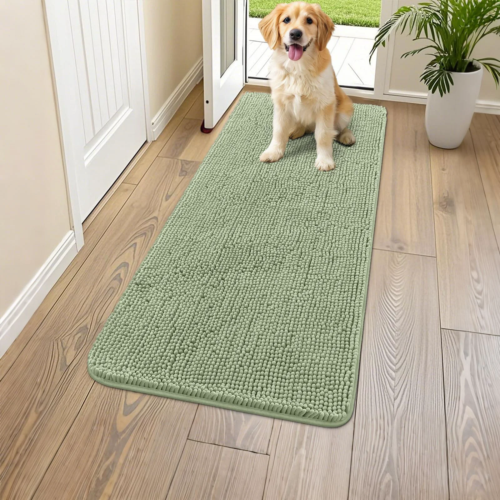 Premium Smiry Dog Door Mat for Muddy Paws 47x24 Absorbs Moisture Dirt Non-Slip Washable Chenille Sage Green Pure