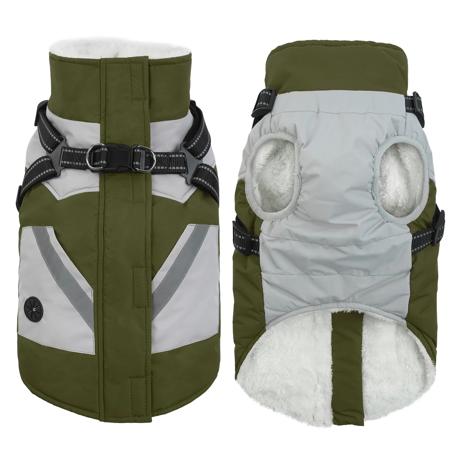 Trendy IECOii Warm Small Dog Coat Harness with D Ring - Green Reflective Fleece-L lined Snow Jacket High-End