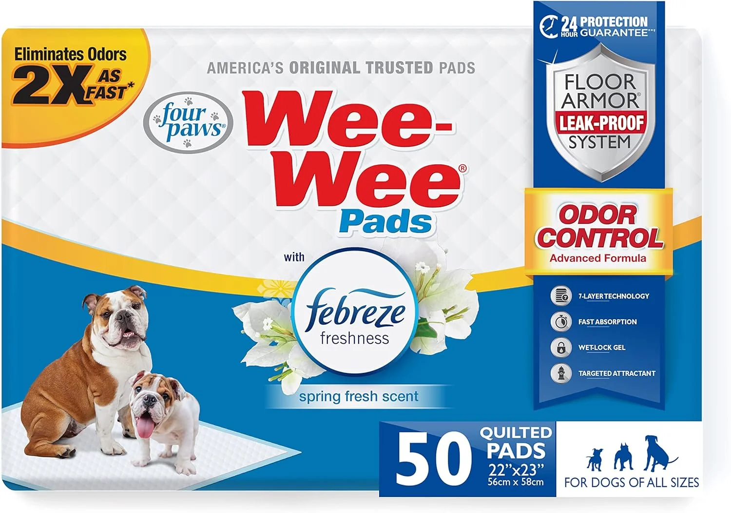 Traditional Four Paws Wee-Wee Odor Control with Febreze Freshness Pee Pads for Dogs Puppies Leak-Proof Dog Housebreaking Potty Training Floor Protection Spring Fresh Scent 22 x 23 50 Count Fast