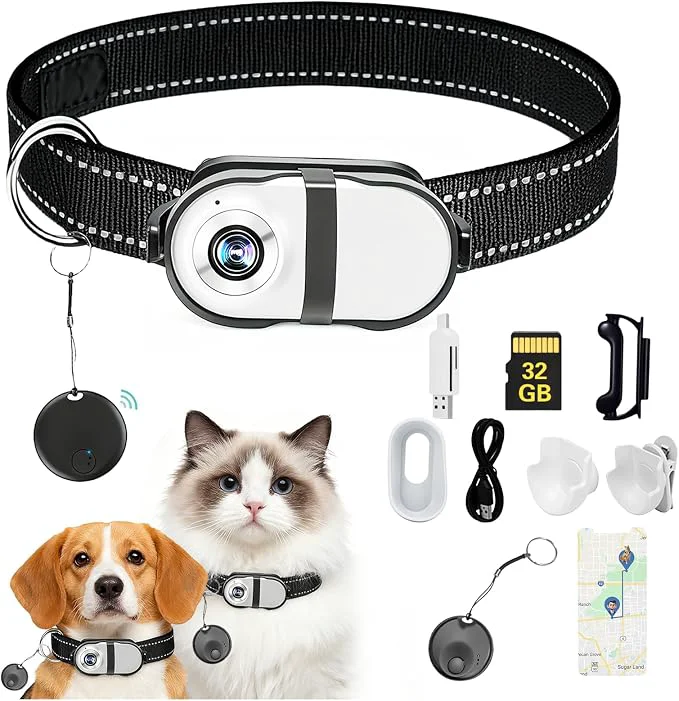 Exceptional Pet Camera Collar with Air Tracker Tag 1080P HD Wireless Dog Neck Cam Compact Outstanding