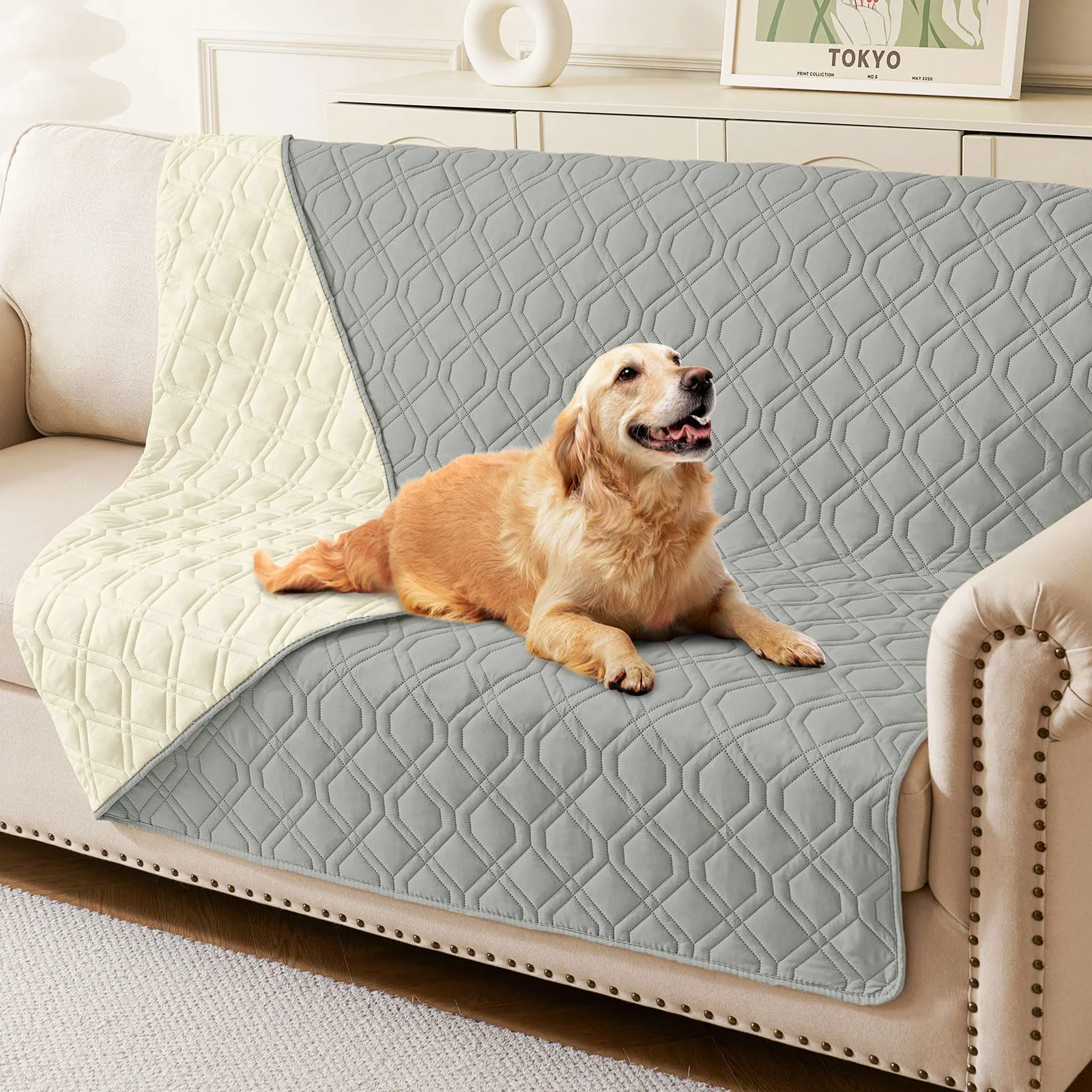 Sustainable hyha Waterproof Dog Bed Blanket Dual Waterproof Reversible Sofa Cover for Pets 68x82 in Grey Beige Casual