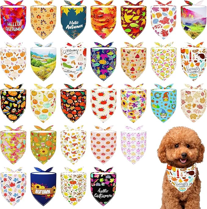 Advanced 30 Pcs Fall Dog Bandanas Bulk for Small Dogs 18 Inch Stitch Edge Dog Bandanas Premium