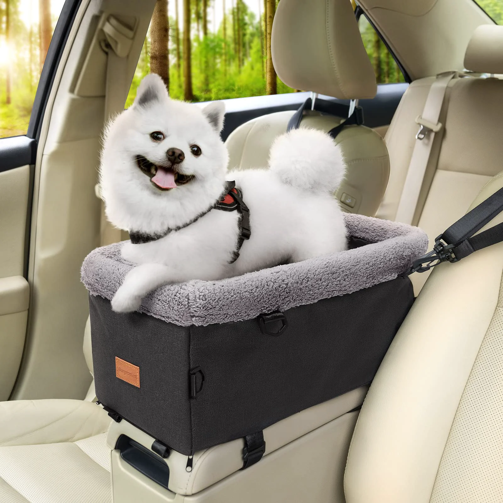 Smooth BurgeonNest Dog Car Seat for Small Dogs — Center Console Booster with Metal Frame Double Safety Belts Trusted