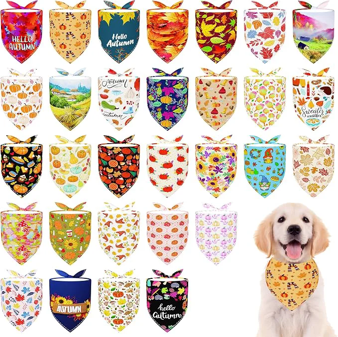 Verified 30 Pcs Fall Dog Bandanas Bulk 25 Inch Stitch Edge Dog Bandanas Unique