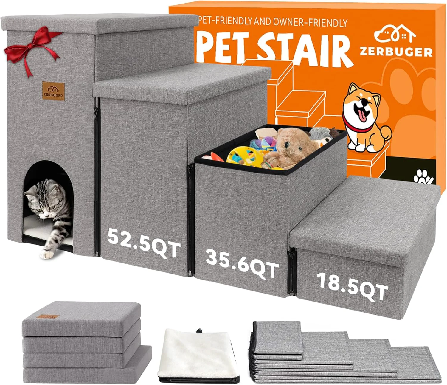 Casual Dog Stairs 23 H 4-Step Wider Dog Steps for High Beds Window Folding Storage Pet Stairs Gift for Small Medium Large Old Dogs Cats Ramp for Climbing Car Up to 200 lbs Gray with Condo Minimalist