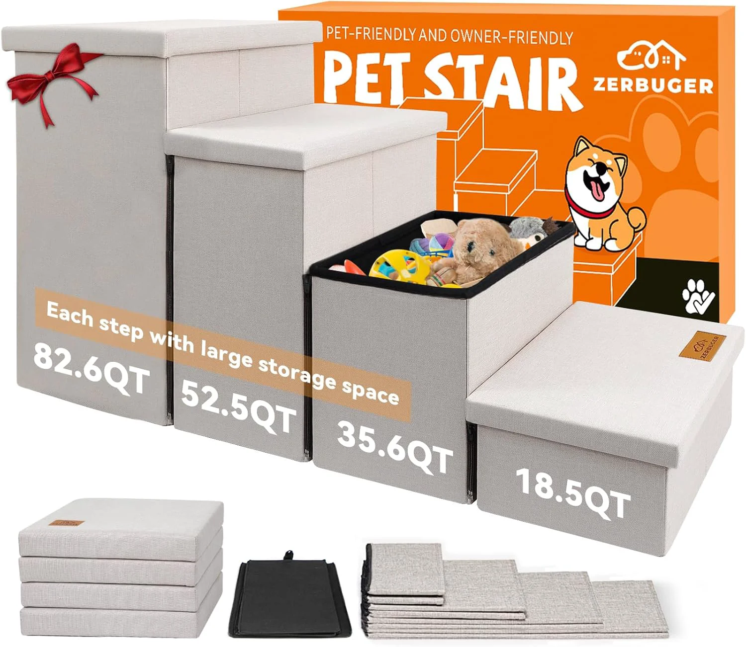 Sophisticated Dog Stairs with Storage 23 H 4-Step Wider Dog Steps for High Beds Window Folding Sturdy Pet Stairs Gift for Small Medium Large Old Dogs Cat Ramp for Climbing Car Up to 200 lbs Beige Casual