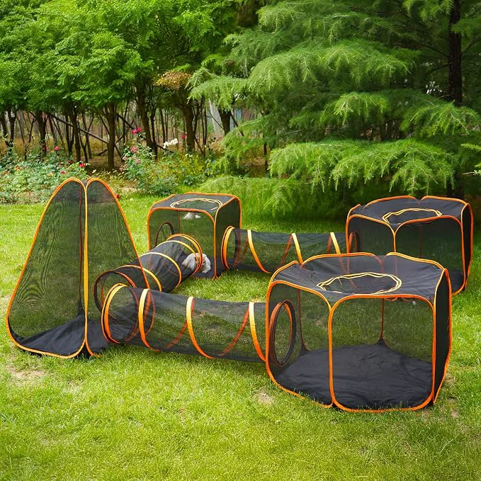 Practical 7 in 1 Outdoor Cat Enclosure Foldable Pop-Up Mesh Playpen Tunnel High-End