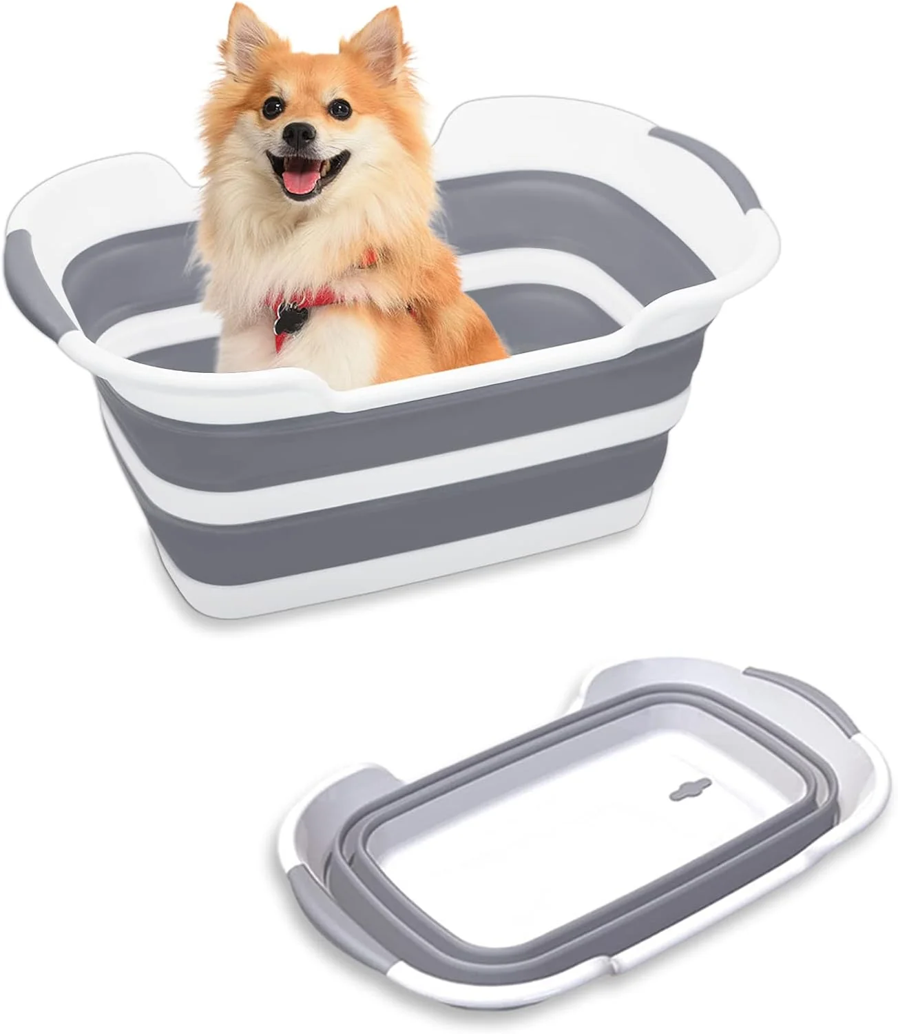Unique Collapsible Pet Bathtub 7.1 Gal 27L - Foldable Bathing Tub with Drain Plug for Dogs Cats Under 30 lbs - Multi-Use as Laundry Basket Storage Organizer Camping Sink Grey Genuine