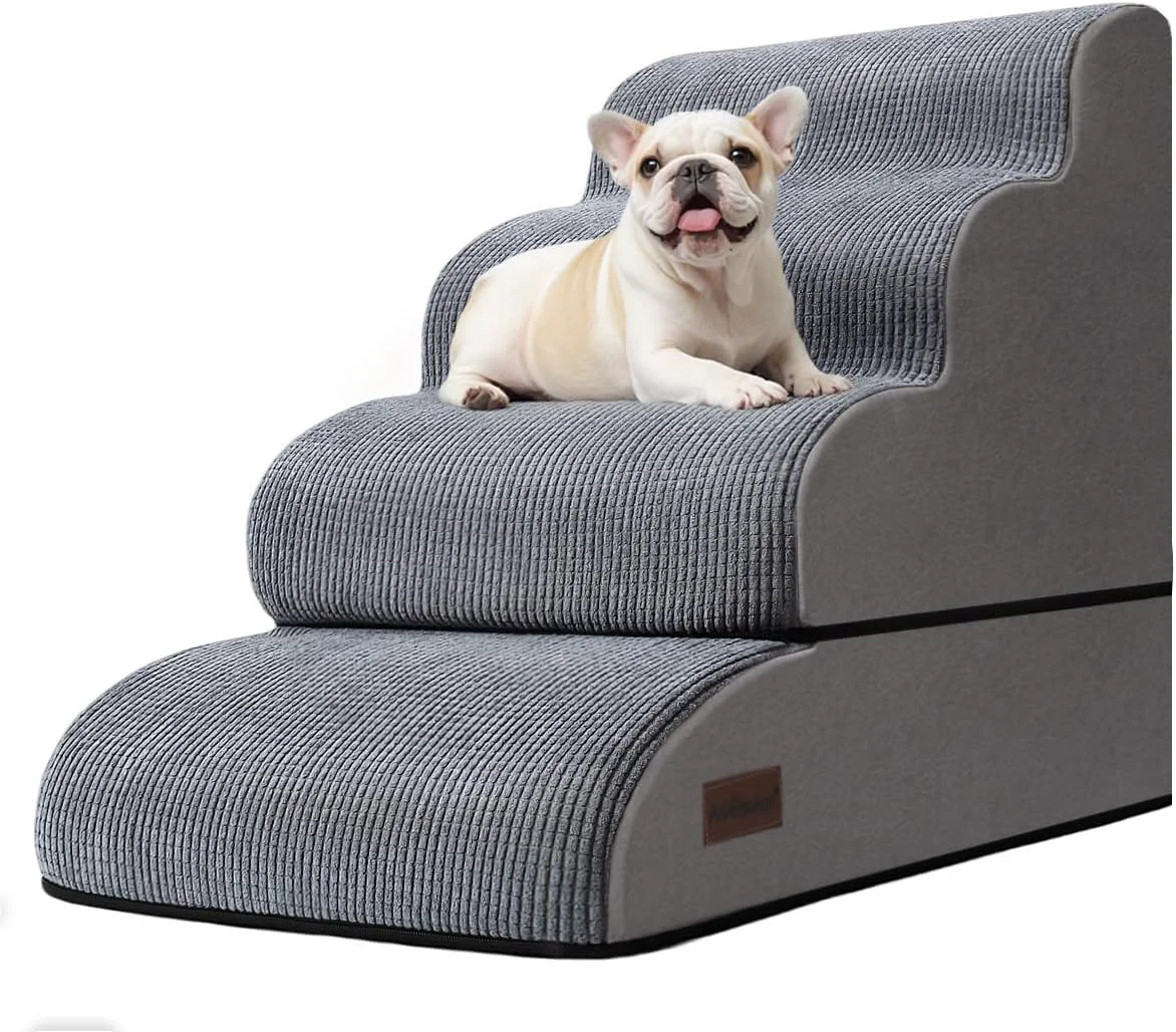 Convenient 4-Step Dog Stairs and Ramp for Beds or Couches – Non-Slip Sturdy Pet Steps for Small Dogs and Cats 21 H Grey Artisan