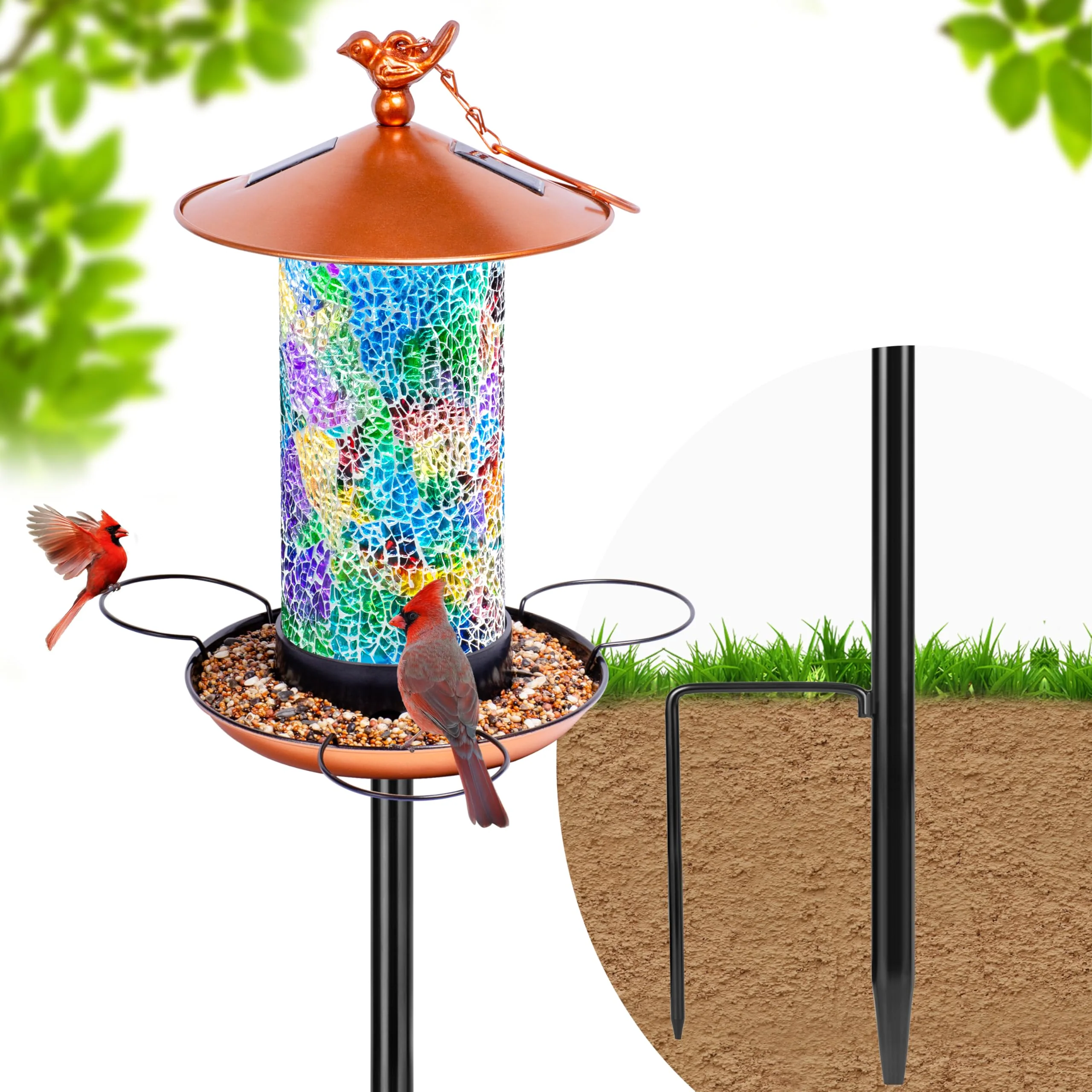 World-Class Ottsuls Solar Bird Feeder with Pole — Luxury Mosaic Glass Lantern Natural