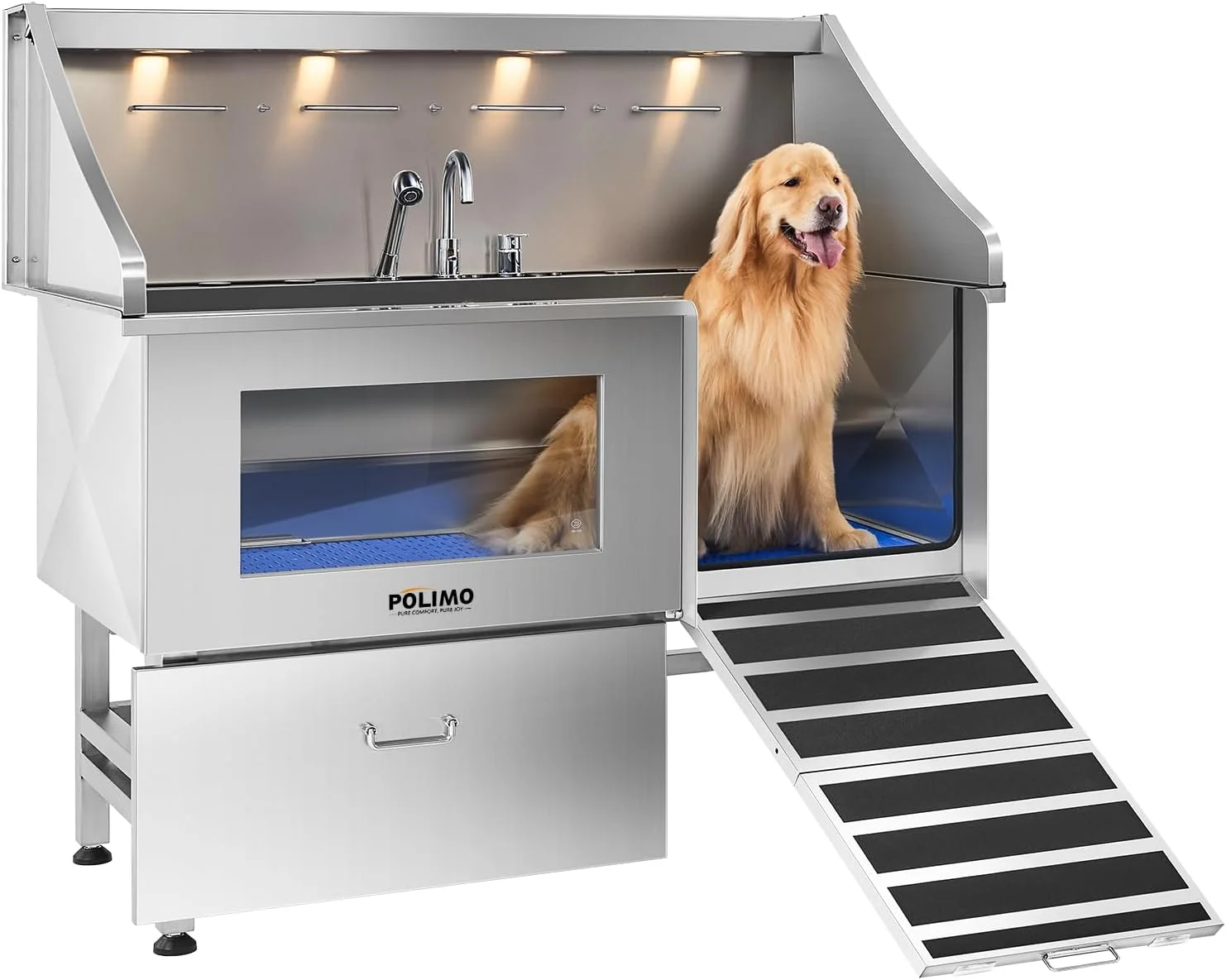 Excellent POLIMO Dog Washing Station LED Professional Stainless Steel Dog Bathing Station 61 Dog Grooming Tub for Large Medium Small Dog - with Window Ramp Drawer Floor Grate Faucet Right RAMP 61 High-Performance