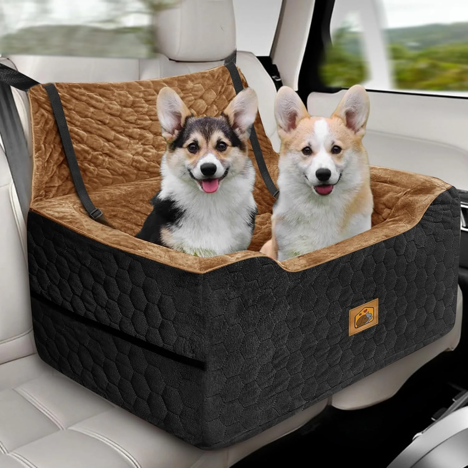 Next-Generation Dog Car Seat for Small Medium Dogs Memory Foam Dog Booster Seat Travel Safety Per Car Seat with Washable Removable Cover Storage Pockets for Dogs up to 35 lbs BlackBrown Fashionable