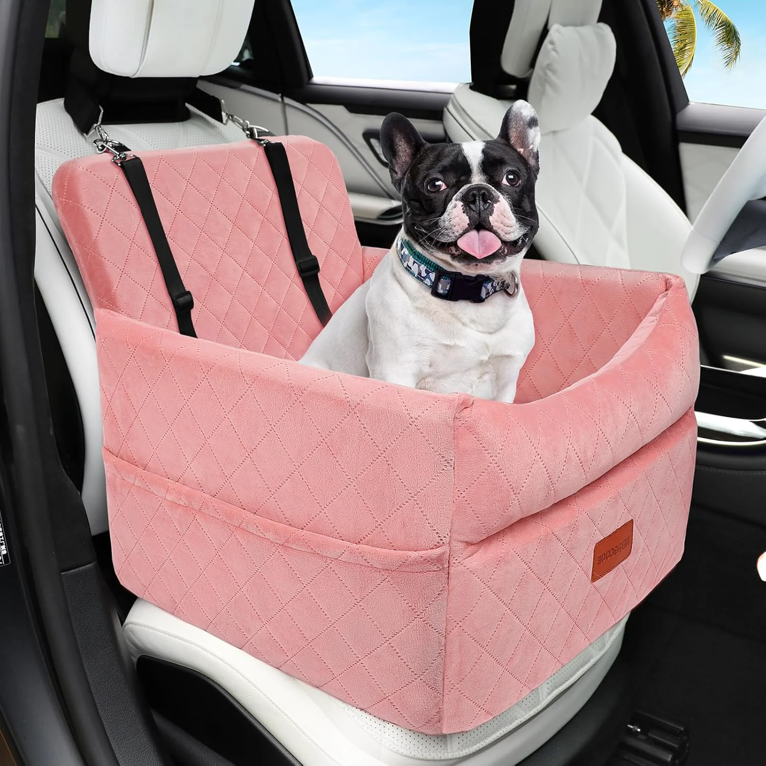 Reliable Dog Car Seat for Small Medium Dogs Memory Foam Puppy Dog Booster Seat with Thick Cushion for Dogs Under 35lbs Detachable Washable Pet Car Seat Travel Bed with Storage Pockets 2 Safety Belts Natural