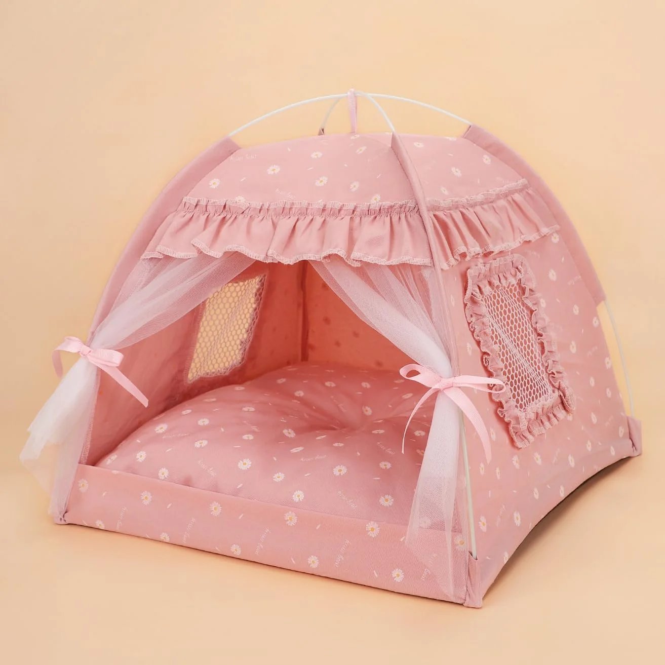 Trendy Selena Cat Bed Tent – Large Pink Lace Mesh Indoor Outdoor Nest Teepee Fine Crafted