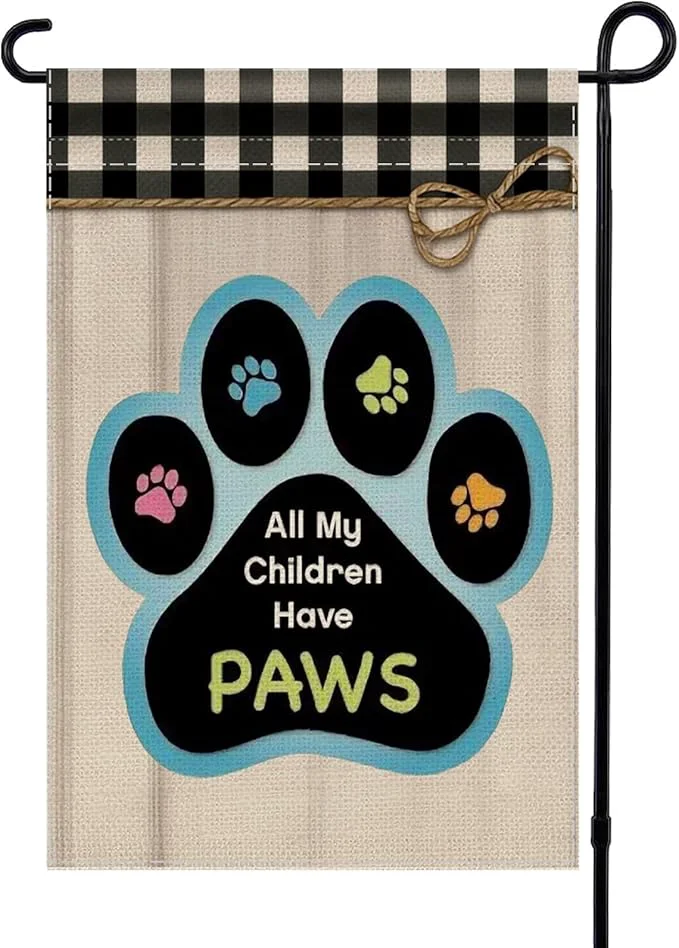 Trendy 12x18 All My Children Have Paws Garden Flag Cat Paw Print Black Gingham Outdoor Fine