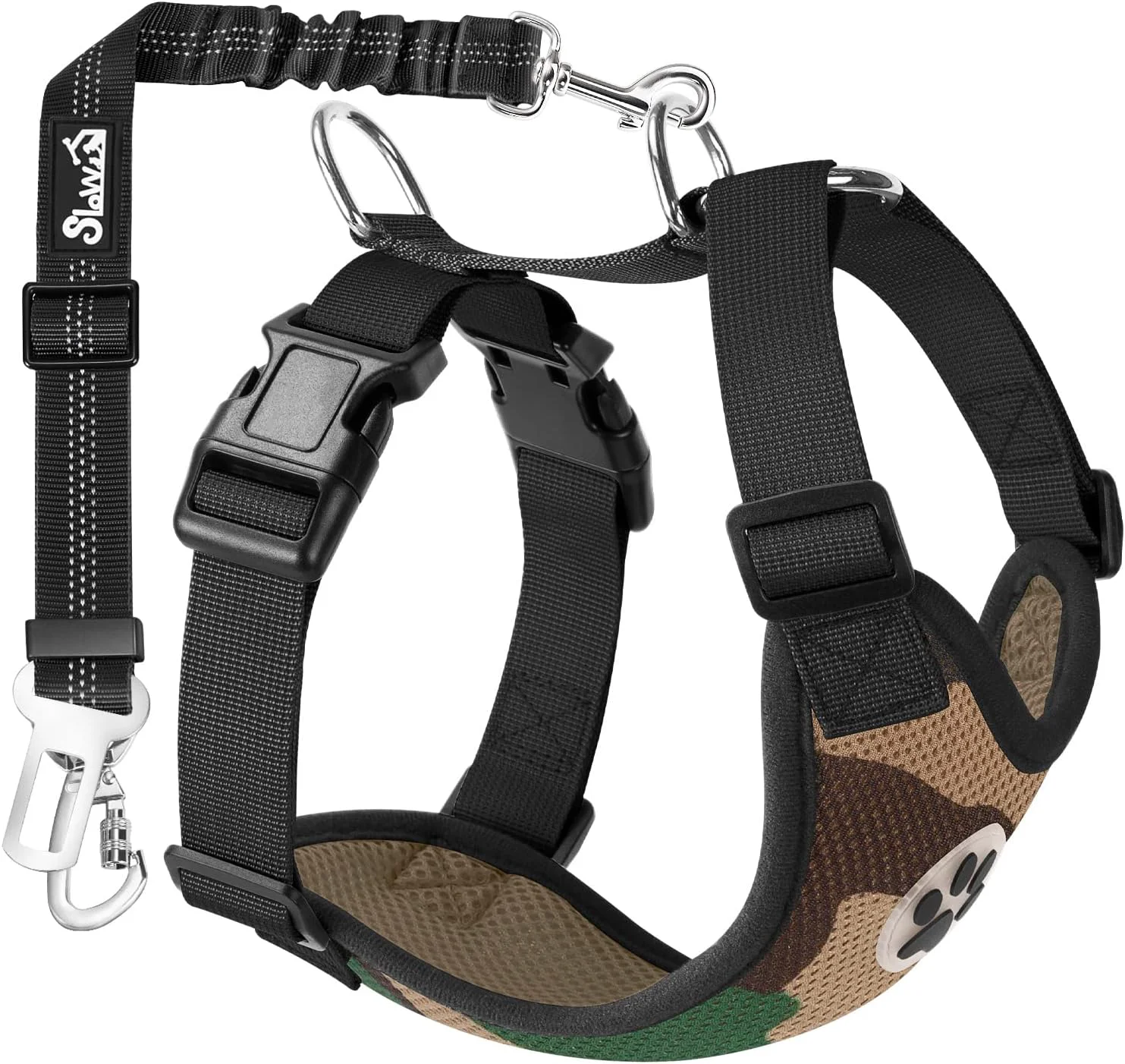Organic SlowTon Dog Seat Belt Harness for Car Dog Car Harness Adjustable Mesh Breathable Dog Seatbelt Safety Tether with Elastic Bungee for Small Medium Large Pets Camouflage Double Clip S Solid