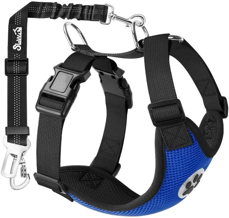 Luxury SlowTon Dog Seat Belt Harness for Car Dog Car Harness Adjustable Mesh Breathable Dog Seatbelt Safety Tether with Elastic Bungee for Small Medium Large Pets Blue Double Clip XXXS Certified