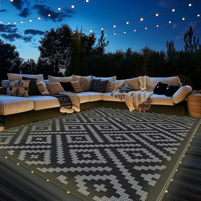 Effective GENIMO Outdoor Rug with LED Strip Lights Reversible Plastic Straw Rugs Lightweight
