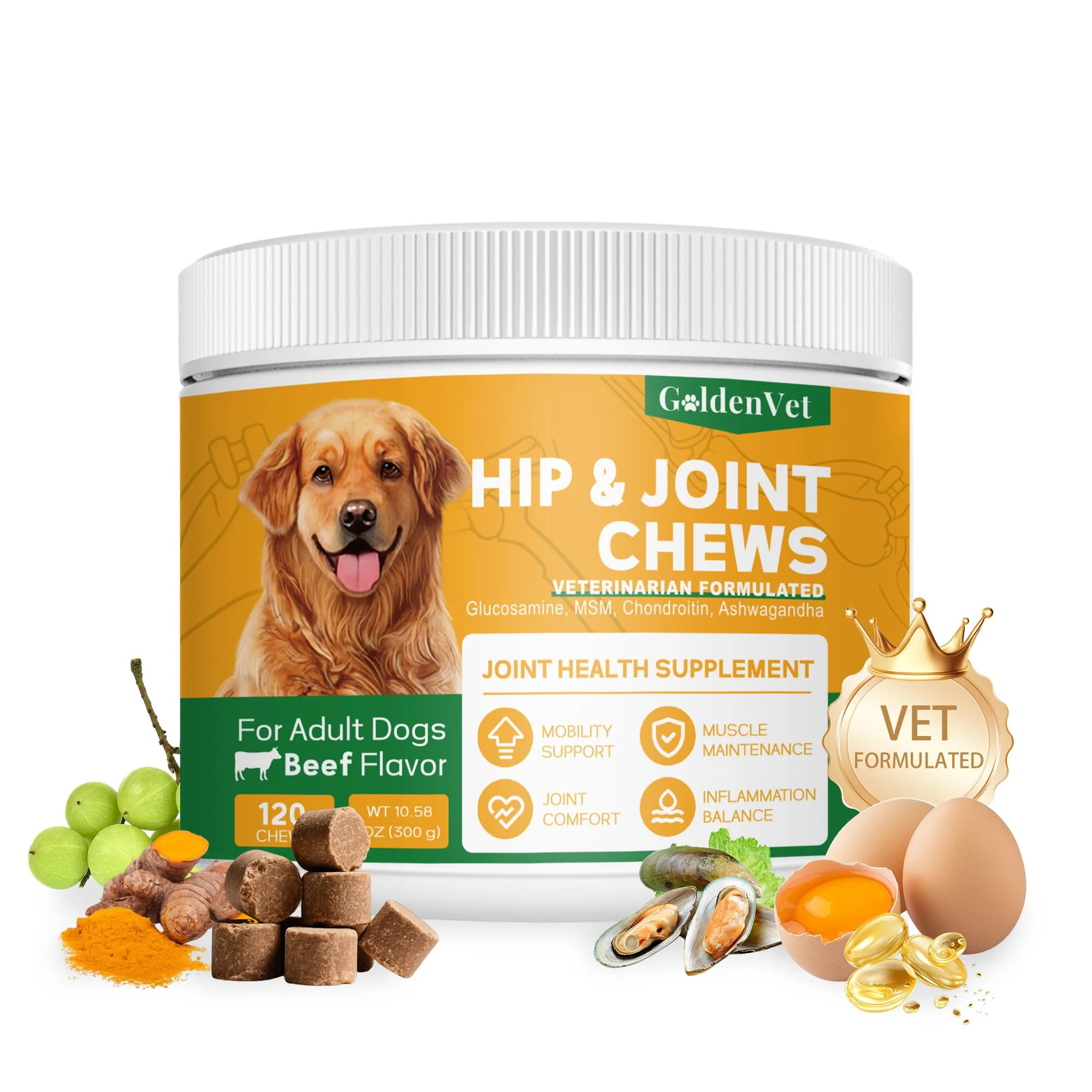 Authentic GOLDENVET Hip Joint Chews for Senior Dogs – Glucosamine HCl Chondroitin Green-Lipped Mussel Ashwagandha 120 Ct Professional