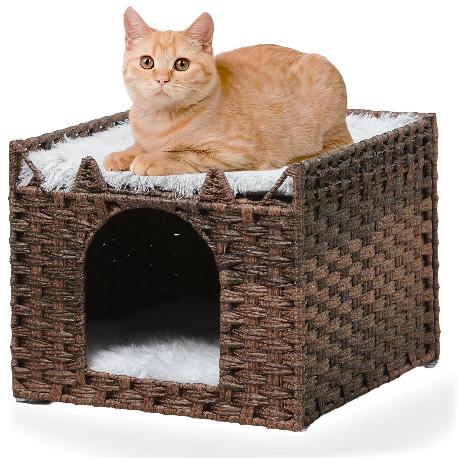 Excellent LUCKITTY Cat Bed with Ears - Handwoven Rattan Cat Cave Foldable 16.5-inch Cube Natural Brown Genuine