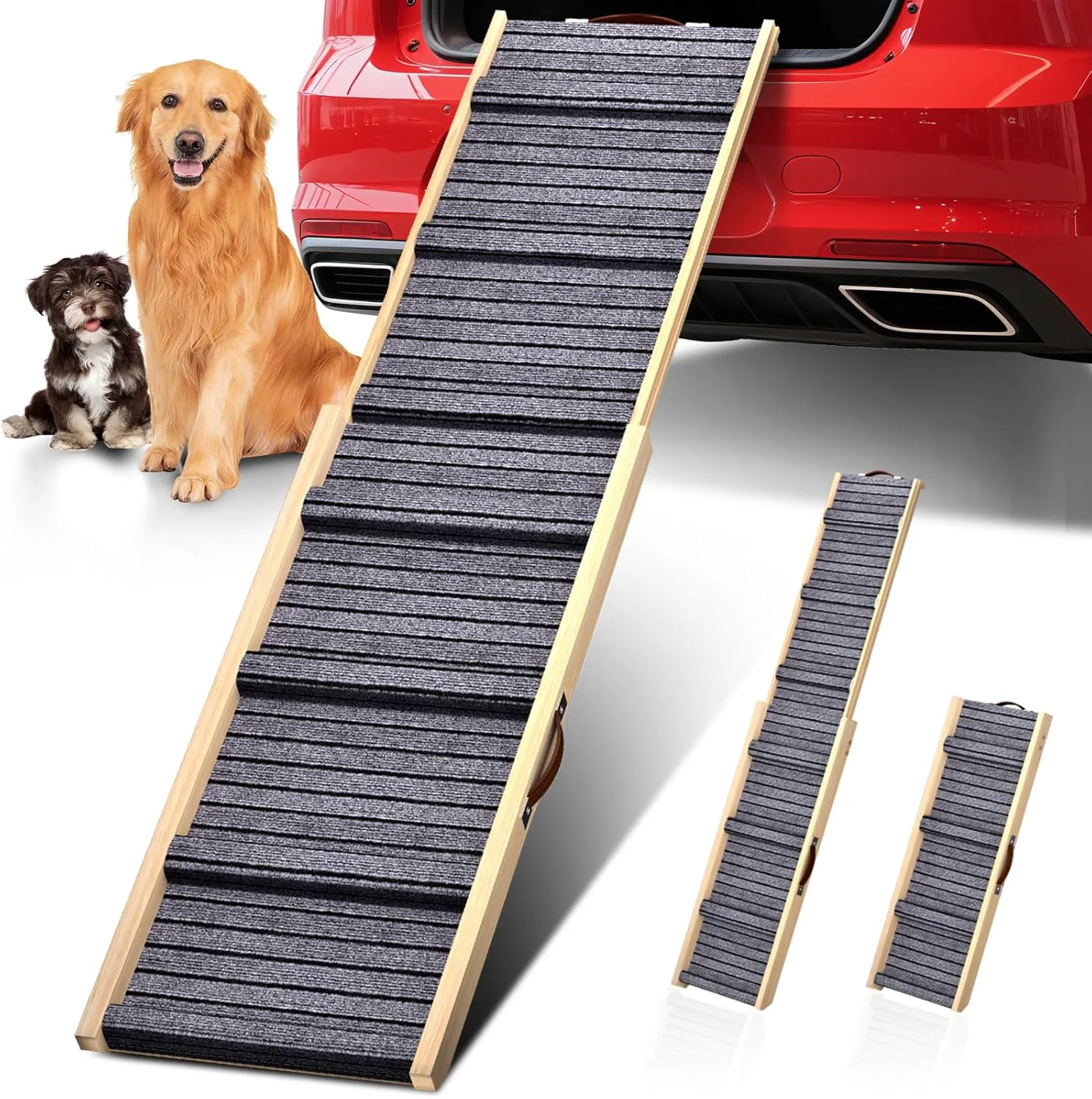 Specialty Dog Ramp for Car 71''x 17'' Extra Long Deluxe Telescoping Design Wooden Pet Ramp Pet Stair Ramps for Truck SUV with Non-Slip Surface Portable Outdoor Dog Steps for Medium Large Dogs Up to 250LBS High-End