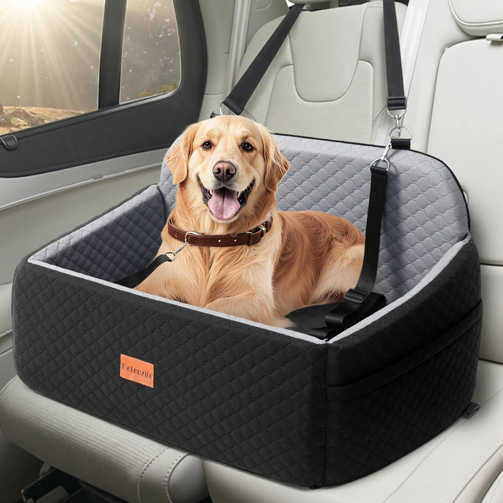 Specialty Petcozife Dog Car Seat for Large Medium Dogs – Up to 55 lbs Booster Bed with Washable Cover 2 Safety Leashes Fast