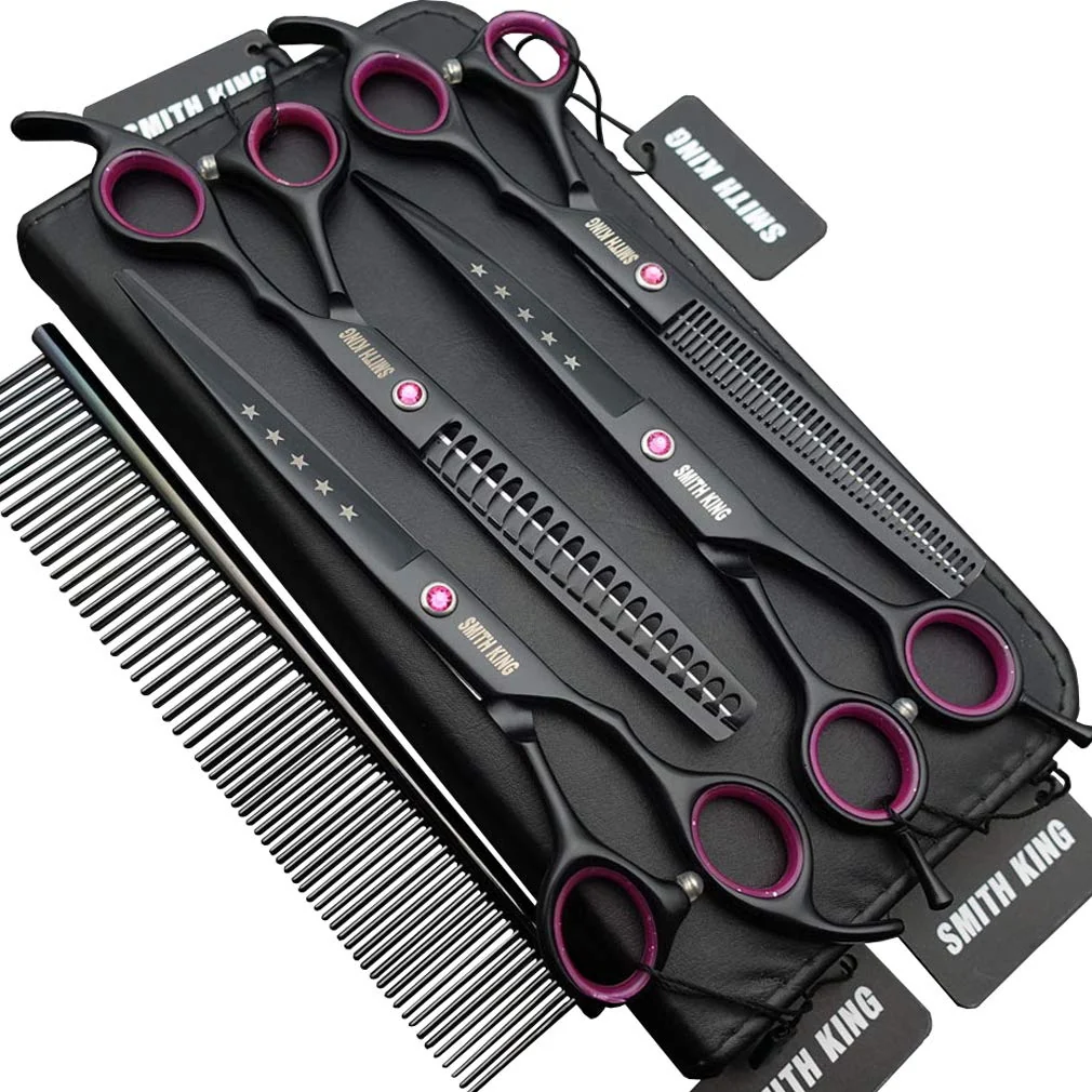Exclusive Smith King 7.0in Professional Dog Grooming Scissors Set — Straight Thinning Curved Chunkers 4pcs in 1 Set Secure